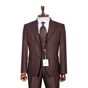 PERRE Men's Brown Double Breasted Business <b>Suit</b> Mandarin Collar Regular Fit Plus Size Anti-Wrinkle Anti-Static Worsted All-year - Product Image 1
