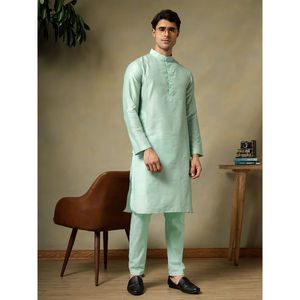 Chaap Men Turquoise Cotton Silk Kurta Pajama Set | Handmade Traditional Full Sleeve Designer Ethnic Festive & Wedding Wear - Product Image 1