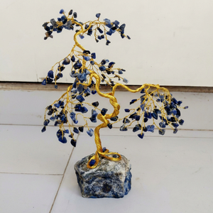 Lapis Lazuli Tree Sculpture Carved with Gold <b>Wire</b> Art on Stone Base for Home Feng Shui Decoration - Product Image 1