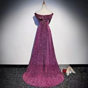 Purple Sequined Off The Shoulder Evening Gown Sheath Silhouette Natural Waistline Party Banquet Dress Women Spring - Product Image 3