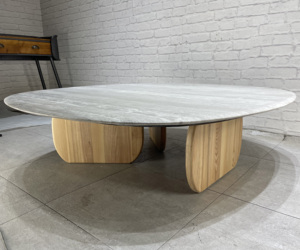 Table basse de salon de style nordique moderne de luxe pour hôtel et villa, base en bois massif de faible hauteur, plateau en marbre naturel travertin - Product Image 4