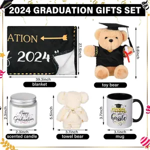 10 Uds. Regalos de graduación para ella él 2024 felicitaciones universitarias juegos de cajas de regalos de graduación manta oso taza llavero vela