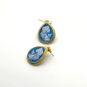 Antique Court Style Vintage 18K Plaqué Or S925 Argent Perle Bijoux <span class=keywords><strong>Bleu</strong></span> Agate Colombe <span class=keywords><strong>Camée</strong></span> Goutte D'eau Boucles D'oreilles pour Femme - Product Image 6