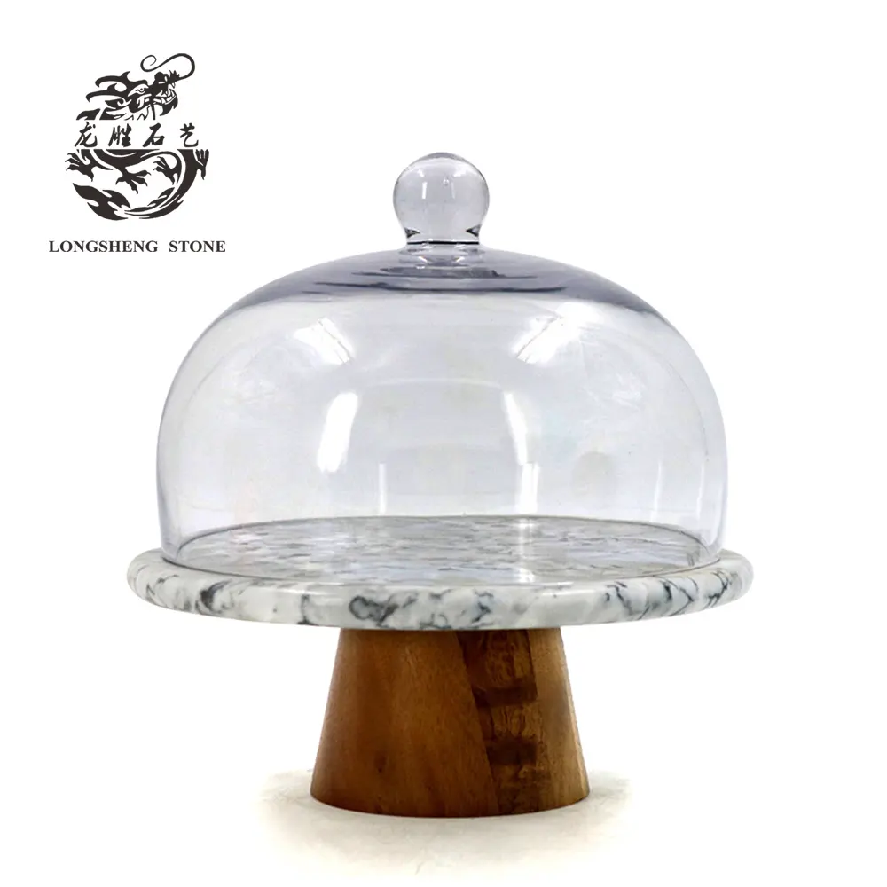 High Quality Marble Tray Base with Glass Dome Eco-Friendly round Cake Cover Baking Turntables Wedding Cake Stand
