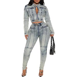 Ensemble en jean personnalisé pour femme 2026 : Veste courte à manches longues et jean skinny taille haute boutonné – Tenue Y2K tendance - Product Image 1