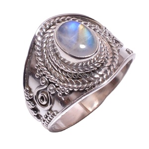 แหวนพลอยมูนสโตนสีรุ้ง เงินแท้ 925 เครื่องประดับเงินโบราณคลาสสิก เครื่องประดับงานแต่งงานชั้นดี ผู้ส่งออกเครื่องประดับ - Product Image 1