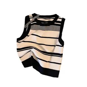 Hot Sales Womens basic Crew neck Women's Knitted Camisole Sweater Casual Stripe Sexy Crop Knit Sweater Vest