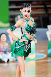 Abito da Ballo Latino Vennystyle Verde con Frange di Strass, Costume da Esibizione per Salsa e Rumba da <span class=keywords><strong>Donna</strong></span> per Competizioni - Product Image 2