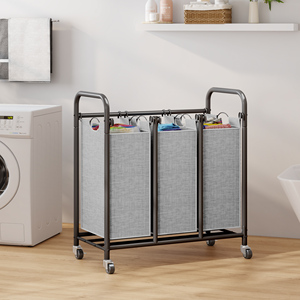 Vuilklerenmand Met Drie Tralies Voor Wasgoed Met Zware Rollende Afsluitbare Wielen En Afneembare Tassen Organizerkar - Product Image 6