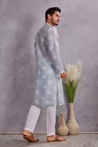 Traditional Casual Wear India Pakistan Style <b>Kurta</b> <b>Men's</b> Gray Printed Cotton <b>Kurta</b> Regular Fit Ankle-Length for <b>Mens</b> - Product Image 2