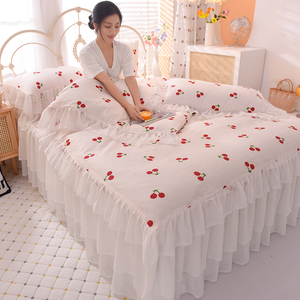 Juego de Sábanas de Algodón con Volantes y Encaje, Estilo Coreano, con Estampado de Cerezas, para Cama de Princesa - Product Image 4