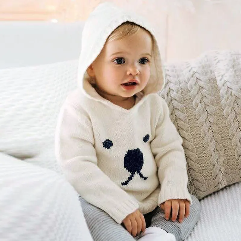 Ropa de bebé personalizada OEM, de manga larga tejida, suéteres con capucha de Color liso Simple, Crochet para niños