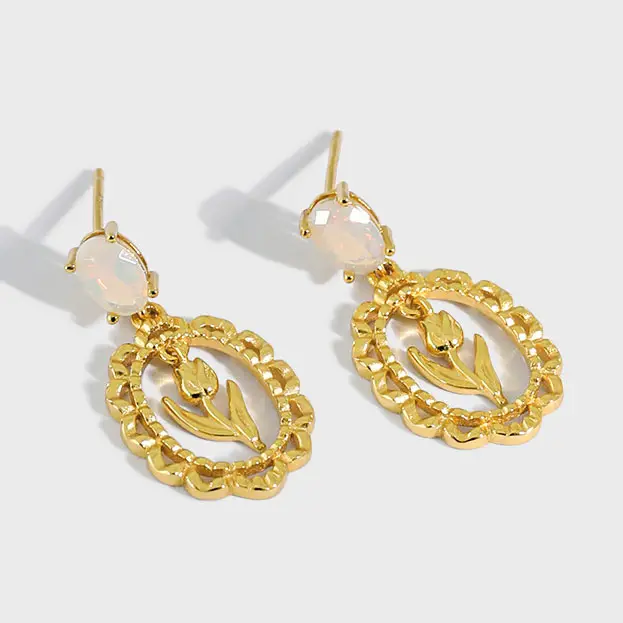925 Sterling silver gold plated vintage designer flower elegant dangling earrings