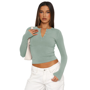 Camiseta deportiva de verano de estilo Vintage para <span class=keywords><strong>mujer</strong></span>, camiseta ajustada Sexy de <span class=keywords><strong>manga</strong></span> larga con cuello de botón Nuevo y diseño informal con cuello en V - Product Image 3