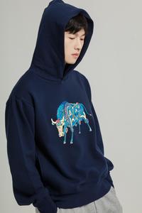 Felpa con Cappuccio Originale LUSHANGHAI con Stampa Toro Meccanico Blu - 100% Cotone, Vestibilità Ampia, Stampa Animale per Outfit Autunnali - Product Image 4