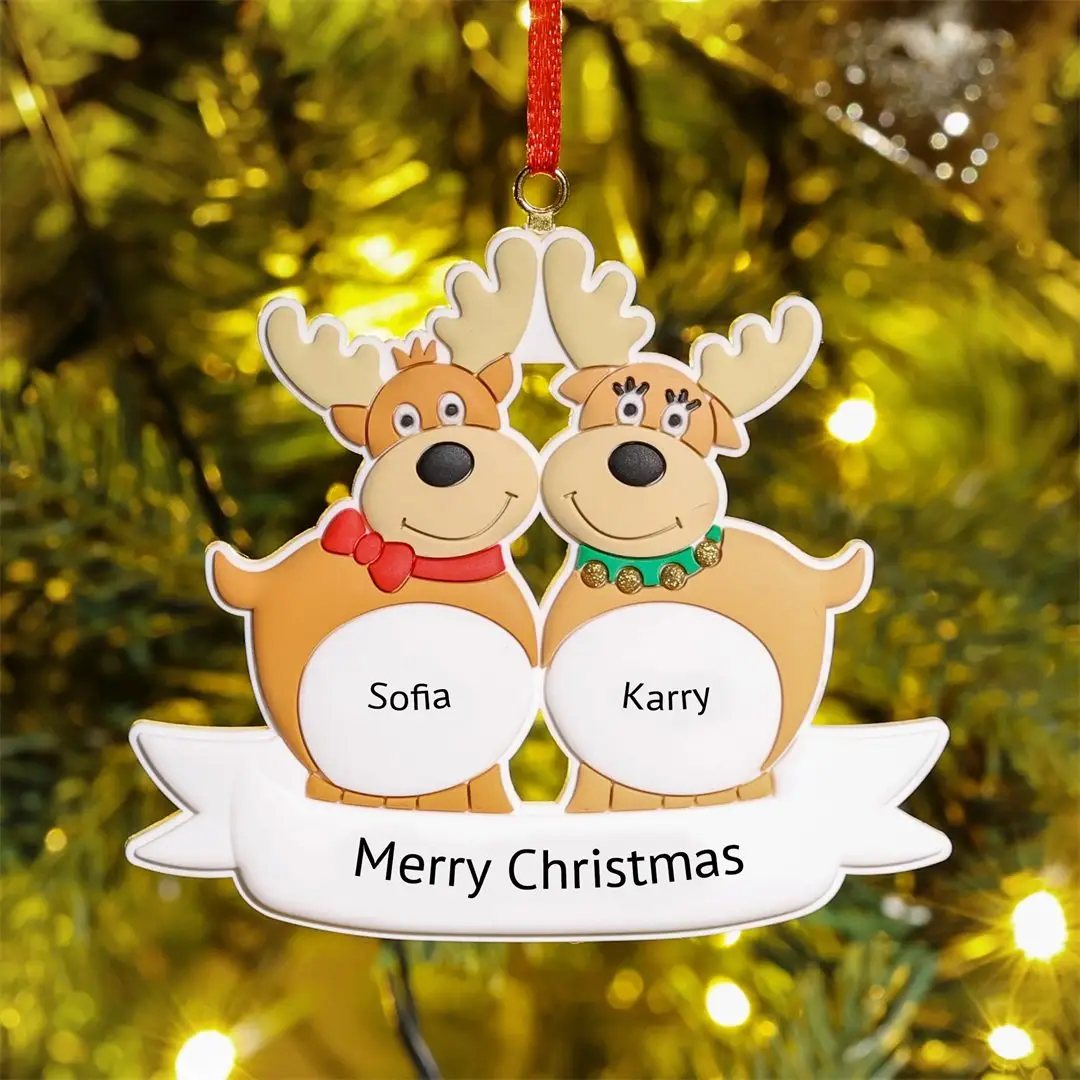 Enfeites de árvore de natal, enfeites de árvore de natal personalizados com 2-7 nomes de decoração natalina para família de renas