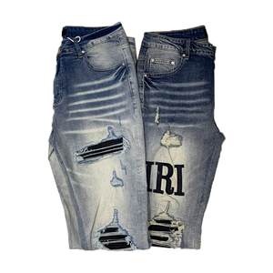 กางเกงยีนส์เดนิมทรงขาบานคุณภาพสูงสำหรับผู้ชาย สไตล์ฮิปฮอป แต่งลายปะติด ทรงหลวมแบบแบ็กกี้ มีซิป - Product Image 1
