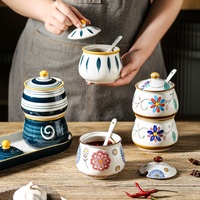 Bocaux à condiments en céramique de cuisine avec couvercles et cuillères, ensemble de pots à épices en porcelaine de style japonais pour sel, épices, poivre, sucre