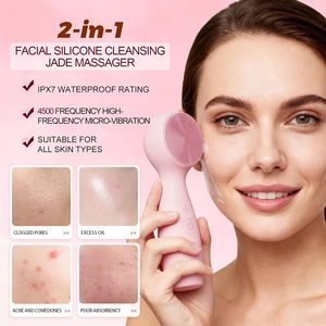 Appareil de nettoyage du visage en silicone 2 en 1 et masseur en pierre de jade chauffant vibrant, étanche IPX7, nettoyeur de visage électrique - Product Image 2
