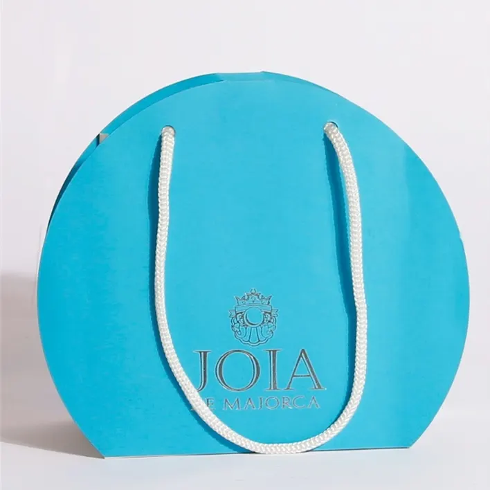Personalizado redondo forma longa punho ouro logotipo azul doces alimento presente papel compras sacos