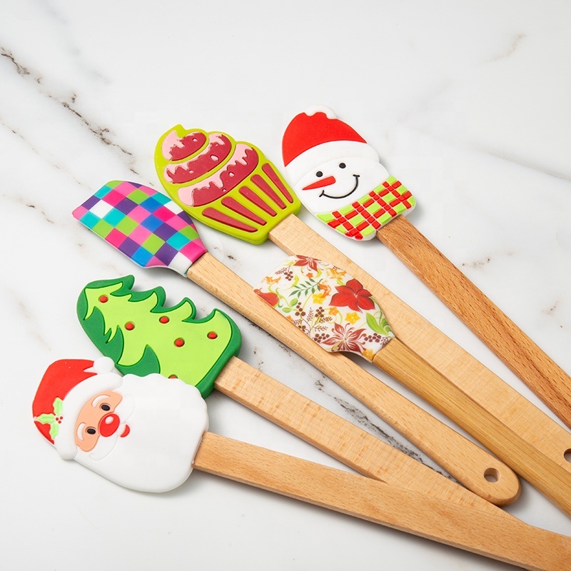 Christmas Theme Highly Heat Resistance Non-Stick Silicone Baking Spatula Set with wood handle