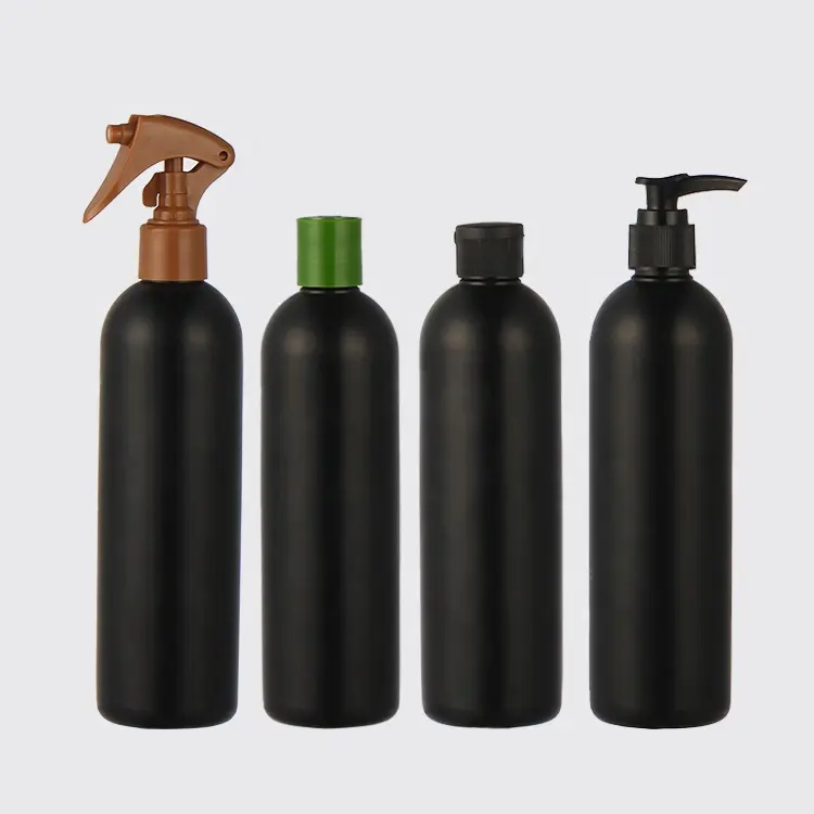 Botol Sampo Boston Bulat Hitam 250Ml 360Ml Botol Semprot Pelatuk Plastik untuk Cairan Deterjen