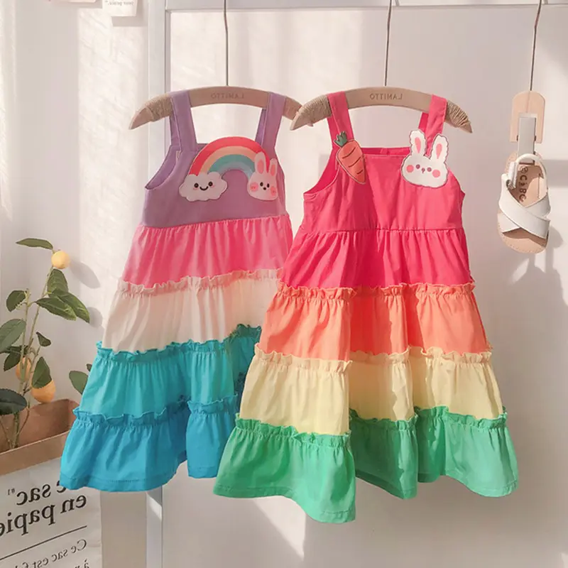 23 Sommer Mädchen Kleid Baby Netz rot ausländischen Leibchen Rock Kinder Persönlichkeit Flut koreanische Version von Regenbogen Cartoon Kuchen Rock