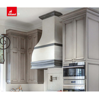 Allandcabinet Diseño de madera antigua Gabinete de cocina de madera maciza gris con puerta de vidrio parteluz Carpintería clásica de estilo francés con Isla