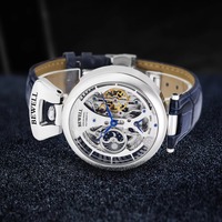 Herren Luxus Automatische Mechanische Uhr Skelett Dual-Zeit Mondphase Wasserdicht Echtes Leder Business Dress Armbanduhr