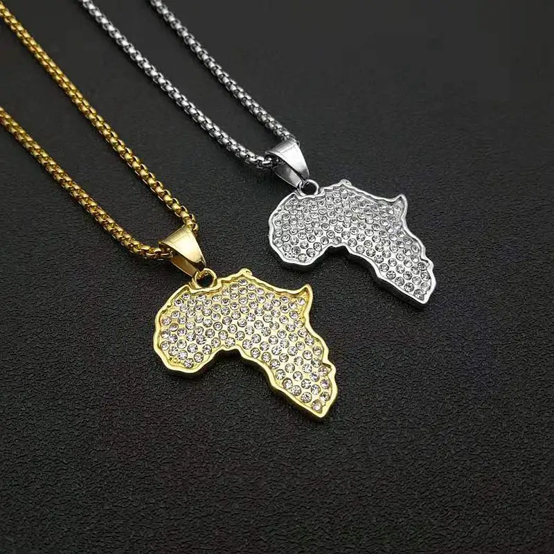 Eropa Fashion Hip Hop Perhiasan Stainless Steel Afrika Peta Liontin Kalung Bling Es Keluar Kristal Peta Afrika Kalung