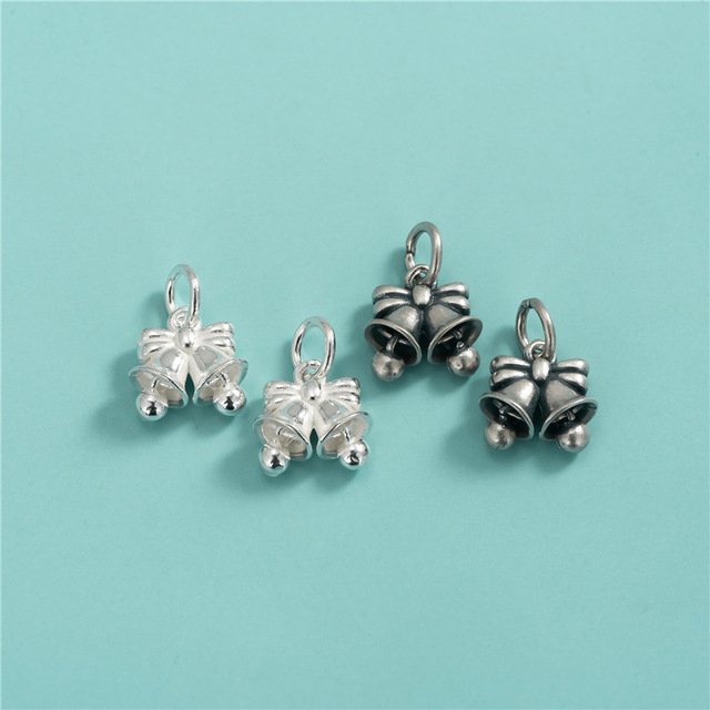10mm Solid S925 Sterling Silver Bow with Double Bells Charms Pendants for DIY Necklace Jewelry Making Findings