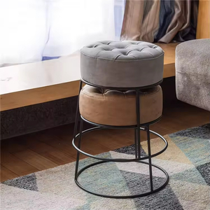 Modern PU Leather Small Footstool Ottoman Round Pouf <strong>Foot</strong> <strong>Stool</strong> With <strong>Black</strong> Metal Base - Product Image 1