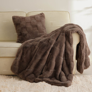 Customization Solid <strong>Stitched</strong> Grid Ruched Faux Mink Fur <strong>Throw</strong> with Flannel Back Super Heavy Warm Cozy Fuzzy for Men Women - Product Image 1