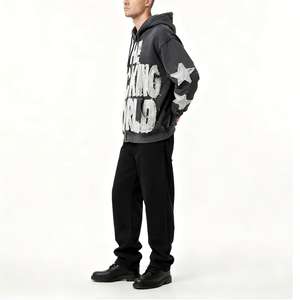 Commande en gros directe d'usine : Sweat à capuche unisexe surdimensionné avec fermeture éclair, broderie de lettres et patchs effilochés, en coton épais 400 g/m², pour tournées de concerts - Product Image 5