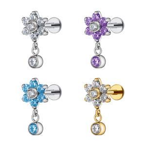 Right Grand 16G Flower CZ Drop Dangle ASTM F136 Pendiente plano de titanio Tragus Helix Lobe Stud Piercing plano - Product Image 1