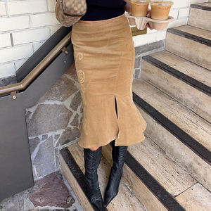 Y2K Corduroy Dropped Waist Vintage <b>Mermaid</b> Midi <b>Skirt</b> Spring Floral Embroidery Slim Fit Slit Hem Eco-Friendly - Product Image 2
