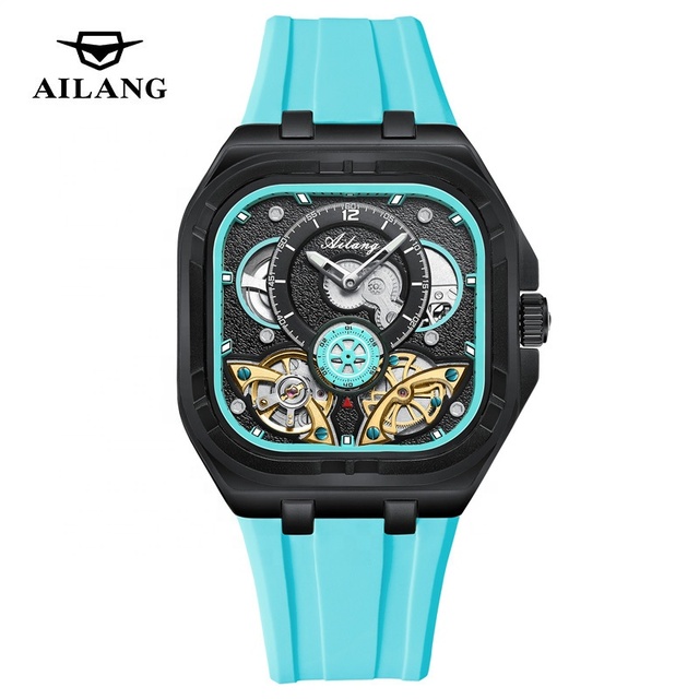 New Arrival AILANG Men Sports Skeleton Mechanical Tourbillon Watch Silicone Strap 3ATM Waterproof Square Automatic OEM Watch