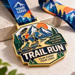 Custom Marathon & Running Medals for Trail Run Finishers with Mountain Artwork and Printed Event Ribbon OEM ODM medal manufactur - Product Image 1