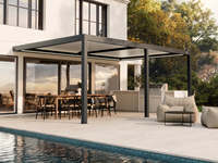 Pergola motorisée en aluminium à lames orientables blanches 3x3m avec éclairage LED intégré, fixation murale pour patio, jardin, cour, terrasse, toit
