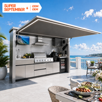 Cocina Exterior Artesanal de Acero Inoxidable con Toldo Retráctil Hidráulico, Cocina Exterior Tipo Pod con Parrilla de Gas para Terraza Costera