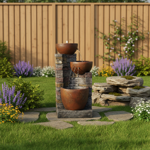 KW 3-laags rustieke harsfontein met watervalfunctie, stenen pilaardesign, op zonne-energie, verlicht, handgemaakt, eenvoudige installatie, voor buiten en tuin - Product Image 6