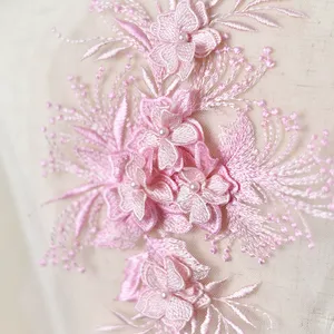 Güzel gelin dantel aplike 3D çiçek inci nakış boncuklu dantel Trim yama düğün elbisesi