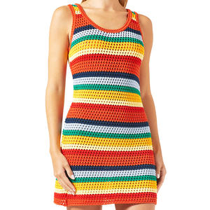 فستان نسائي مثير بخصر عالٍ، فستان محبوك ضيق مجوف بألوان مخططة زاهية، وياقة على شكل U، بدون أكمام - Product Image 4