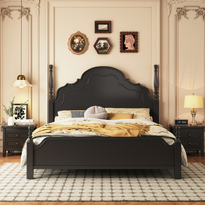 Lit double rétro américain en bois massif 1,5m 1,8m, lit avec ciel de lit sculpté à la main, style français vintage, pour chambre principale - Product Image 2