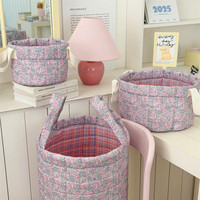 Panier de rangement élégant en tissu floral rose vintage avec poignée, pliable et portable, pour cosmétiques, articles divers, maquillage et jouets