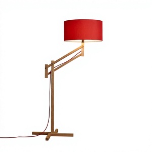Wooden Adjustable <b>LED</b> Floor Lamp with Red Fabric Shade E26/E27 Base Modern Pendant <b>Light</b> for Living Room Bedroom Reading <b>Corner</b> - Product Image 1