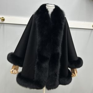 ผ้าคลุมไหล่กันหนาวแบบใหม่จาก MWfur ผ้าคลุมไหล่หรูหราสำหรับสุภาพสตรี ผ้าคลุมไหล่แคชเมียร์สองด้านสุดหรู แต่งขอบด้วยขนสุนัขจิ้งจอกสำหรับผู้หญิง - Product Image 5