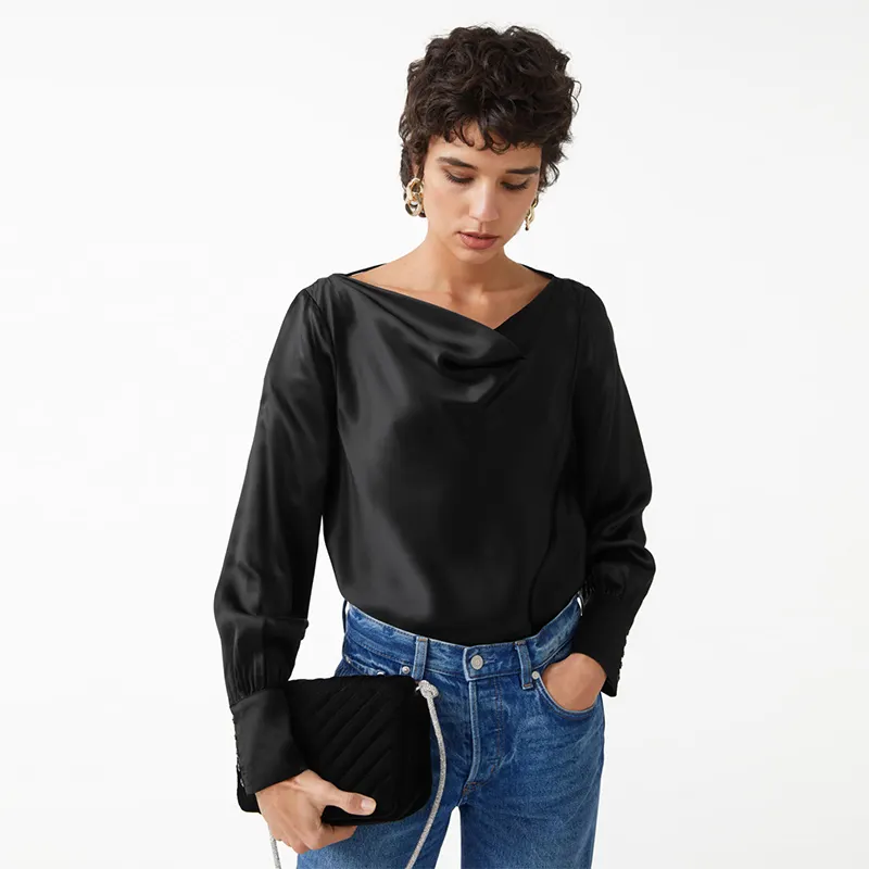 Customized Casual Ladies Slash Neck Long Sleeves Lace Up Back Black Satin Tunic Tops Shirt Blouse For Women