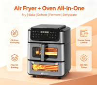 Anbolife Freidora de Aire 2 en 1 con Horno, Freidora de Aire de 6L, Horno de 7.2L, 2800W, Doble Compartimento, 9 Ajustes Preestablecidos, Pantalla Táctil, Sin Aceite, OEM ODM