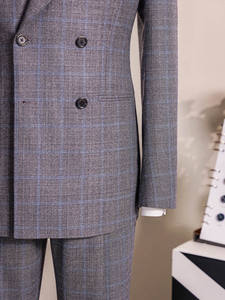 Blazer <span class=keywords><strong>costume</strong></span> d'affaires gris coupe ajustée pour <span class=keywords><strong>homme</strong></span> Manteau en laine à double boutonnage à la mode <span class=keywords><strong>Demi</strong></span>-doublure à carreaux Respirant Plus Size Summer - Product Image 6